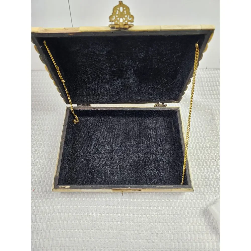 Vintage Carved Bone Hinged‎ Trinket Box - Black Velvet Lined -  Made in India